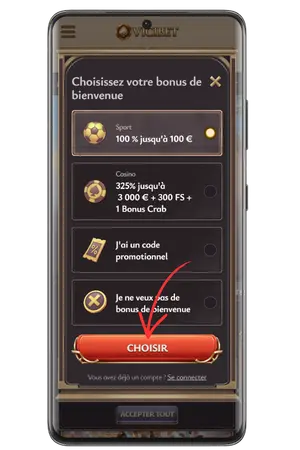 Choix du bonus de bienvenue sur Vicibet Casino