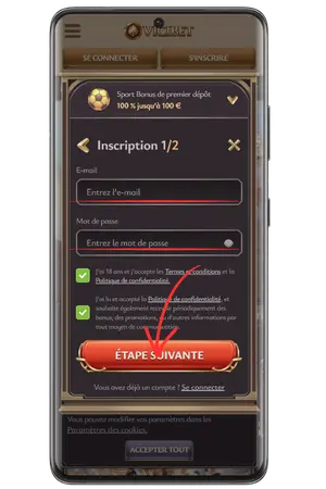 Première étape de l'inscription sur Vicibet Casino