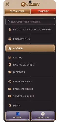 Menu de navigation du Vicibet casino en ligne
