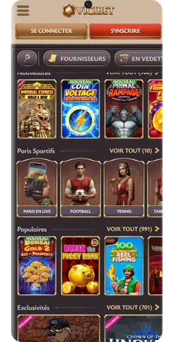Lobby des jeux dans la version mobile